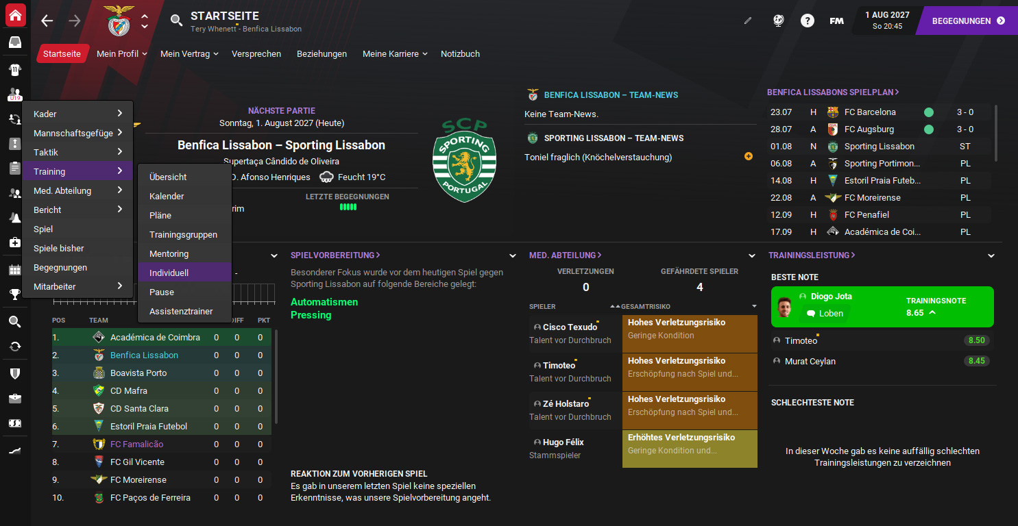 Football Manager Menü mit Icons